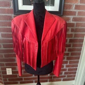 Red leather fringe crop jacket